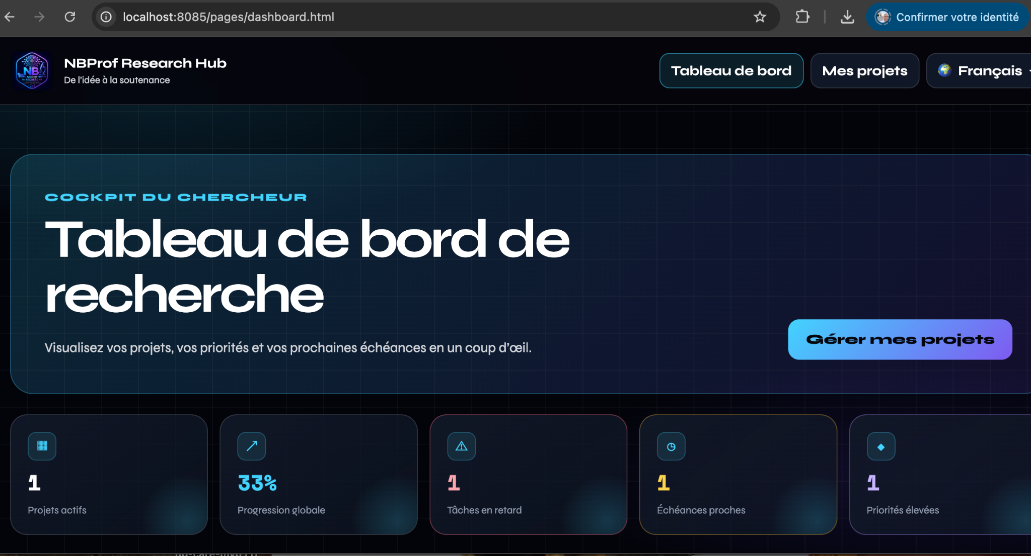 Tableau de bord de NBProf Research Hub